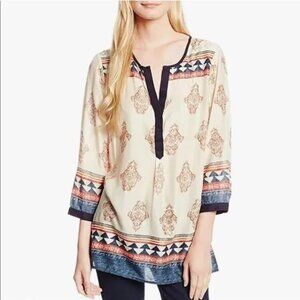 Lucky Brand XL Boho Tunic Top Beige Red Blue Geometric & Paisley Print 3/4 Sleev